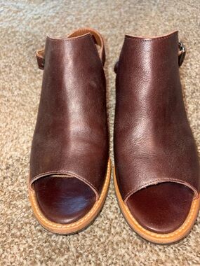 Portland leather Patina Women's Open-Toe Leather Heels in Dark Brown